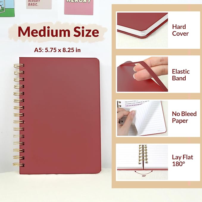 SUNEE Lined Spiral Journal Notebook for Women, 146 Pages College Ruled Hardcover Journaling Notebook for Work, Note Taking and Office School Supplies, A5 -Burgundy