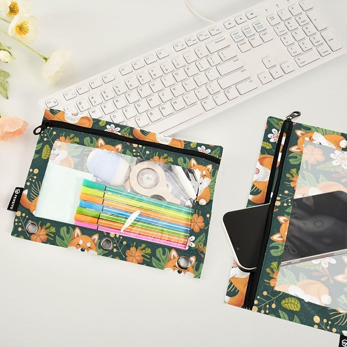 Binder Pencil Pouches, Shiba Inu Dog Pen Case with Clear Window 3 Rings Pen Case Holder Office Supplies