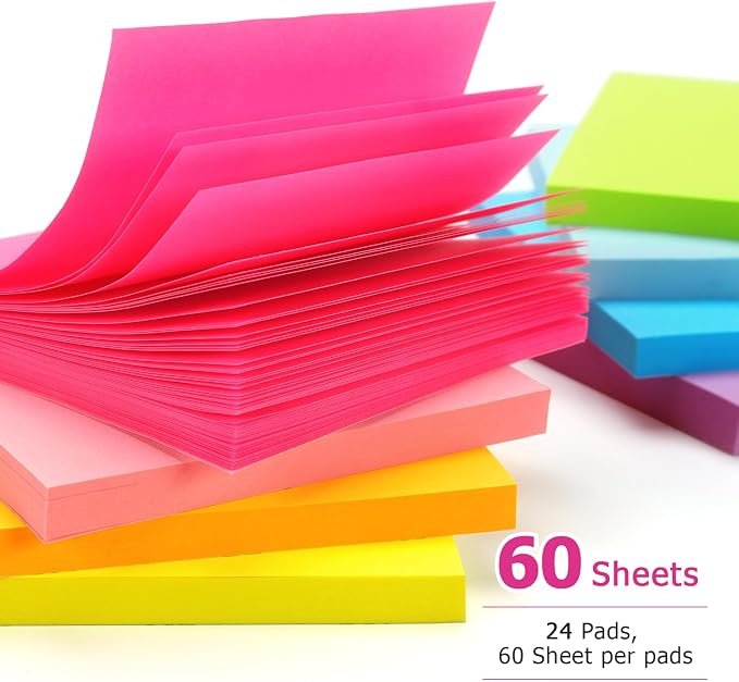 Early Buy 24 Pack Sticky Notes, 3×3 in, 8 Bright Colors, 60 Sheets per Pad | Self-Adhesive Notes, for Office, School, and Home Planning