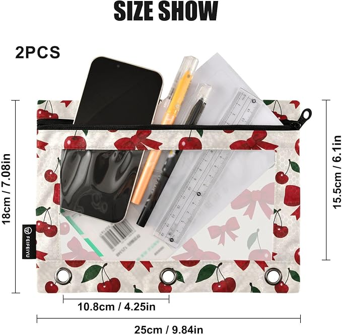 Cherry Red Bow Pencil Pouch for 3 Ring Binder 2 Pack Zipper Binder Pencil Bag Case with Clear Window Office Supplies