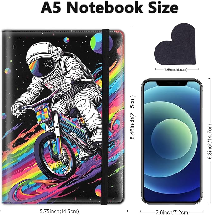A5 Leather Lined Journal Notebook, 200 Pages Hardcover Executive Notebook for Men Women Office School Note Taking,Thick Writing Paper Daily Journal with Bookmarks/Indexes, Astronaut Riding Bicycle
