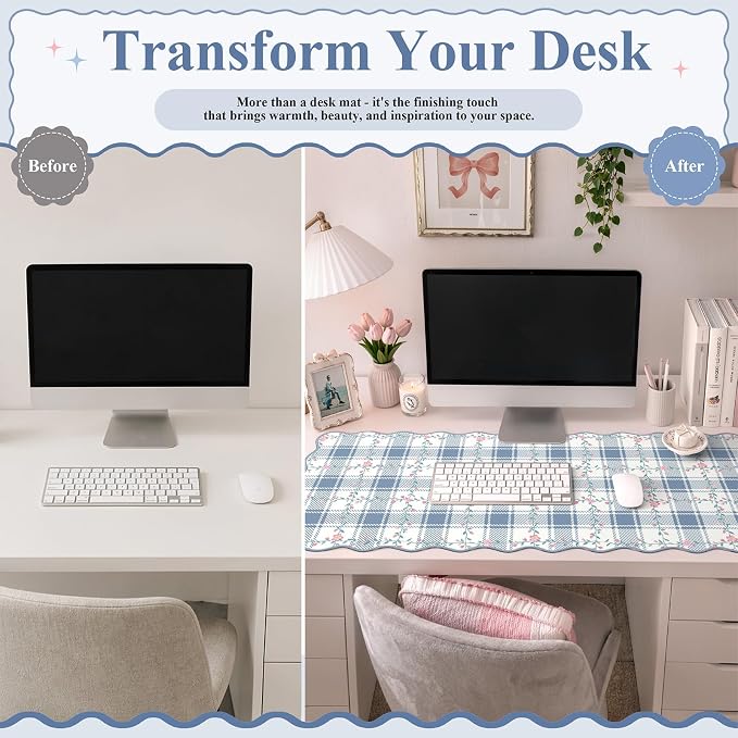iCasso Leather Scalloped Checkered Mouse Pads for Desk, Aesthetic Floral Computer Mat, Back to School XXL Desk Mat for Keyboard and Mouse, Mousepad with Stitched Edges, Keyboard Pad(Light Blue)