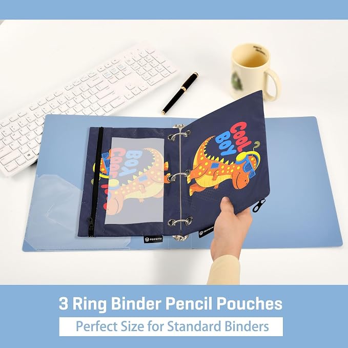 Gredecor Binder Pencil Pouch 3 Ring Cool Boy Dinosaur Zipper Pencil Pouches Case 2 Pack Clear Binder Organizer for School Office