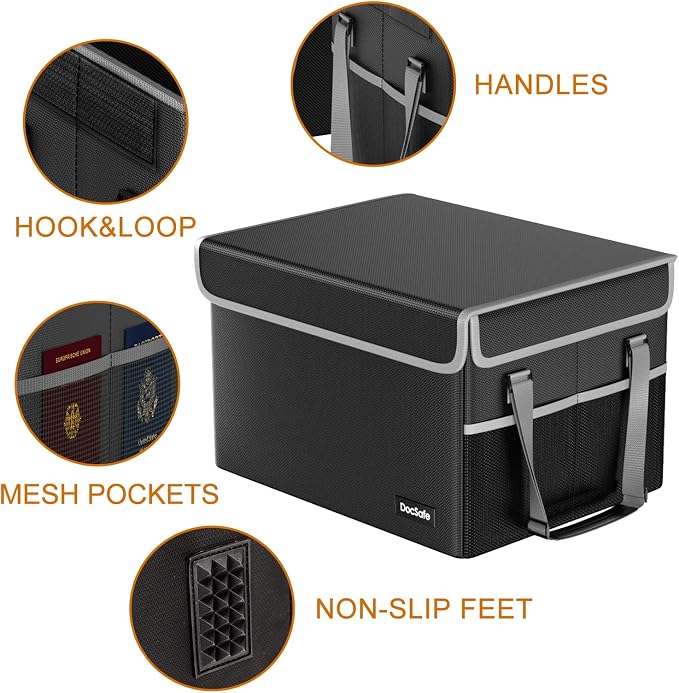 DocSafe File Box Fireproof File Storage Organizer with Lid,Collapsible Document Storage Filing Case for Hanging Letter/Legal Folders,Portable Home Office Safe Cabinet with Handle,Black