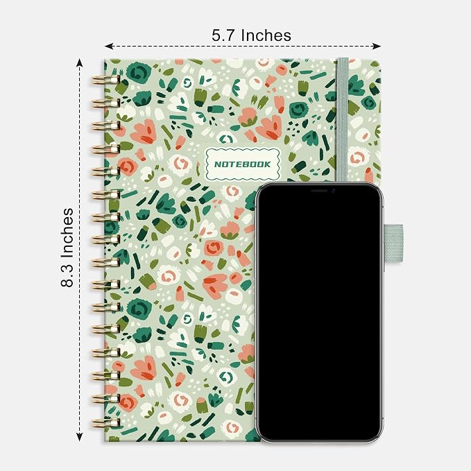 AHGXG Spiral Journal Notebook, 160 Lined Pages, A5 Medium Size (5.7'' x 8.3''), for Women, Journaling, Writing, Work & Office, Hardcover, 100 GSM Thick Paper (Ditsy Floral Sagel)