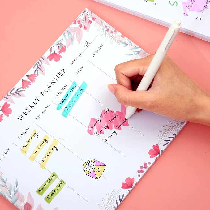 Weekly Planner Notepad Tear Off Set of 2 Weekly Calendar Pad 52 Undated To Do List Notepad Desk Planning Pads Productivity Tracker for Work School Home Goals Notes Schedule Ideas, Floral Pink