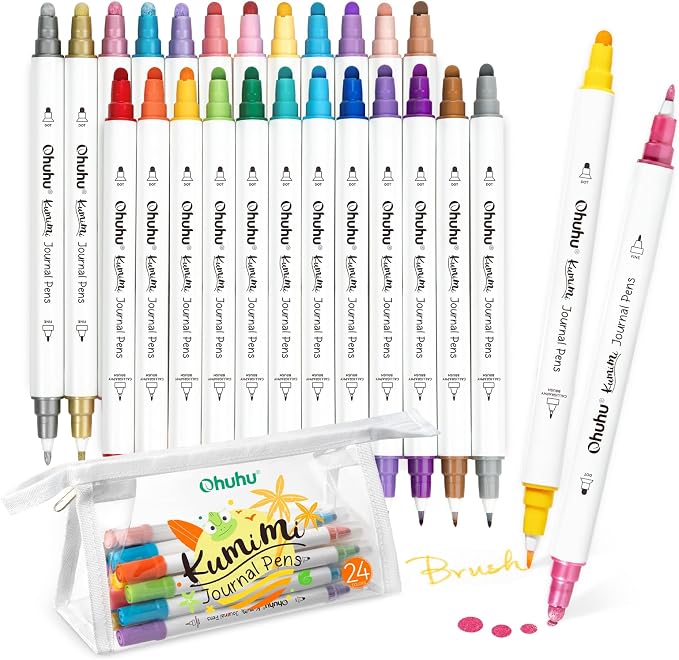Ohuhu Journal Pens 24 Colors Dot Markers Dual Tip Coloring Markers - Kumimi | Calligraphy Brush & Dot for Adults Water-based Metallic & Regular Colors Dot Pens for Lettering Journal Scrapbooking