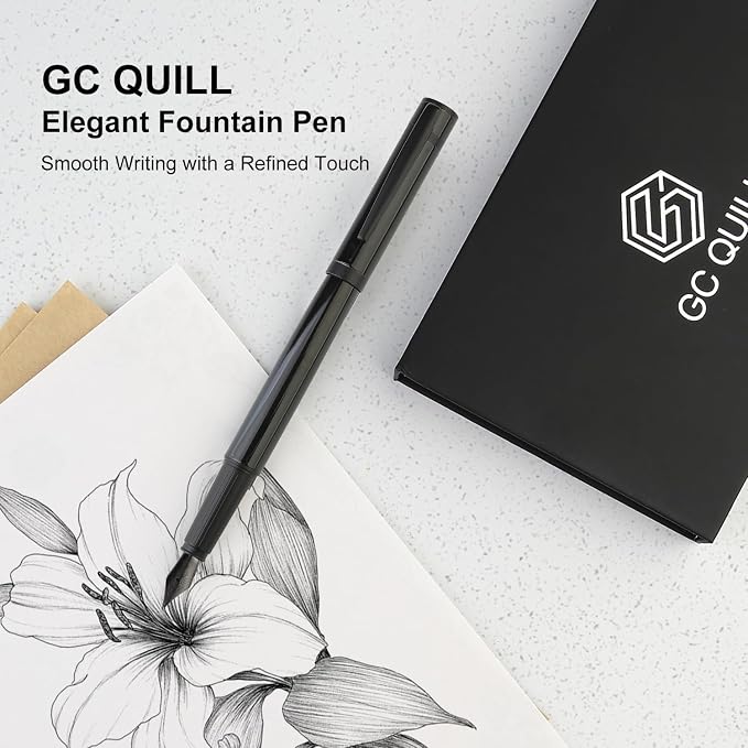 Fountain Pen Set, Elegant Executive Fine Nib Pen with Ink Converter, Refill Tool, Black & Assorted Cartridges, Bottled Ink, Gift for Journaling, Writing, Office and Beginners (All Black)