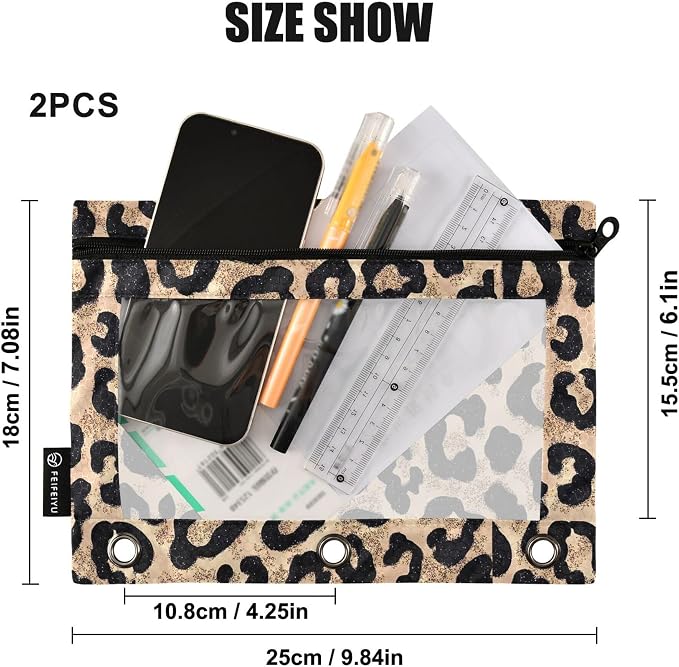Cheetah Brown Golden Binder Pouches 3 Ring for Boys Girls School Office College Supplies Leopard Black Pencil Pouches Case Bag with Clear Window and Zipper 2 Pack
