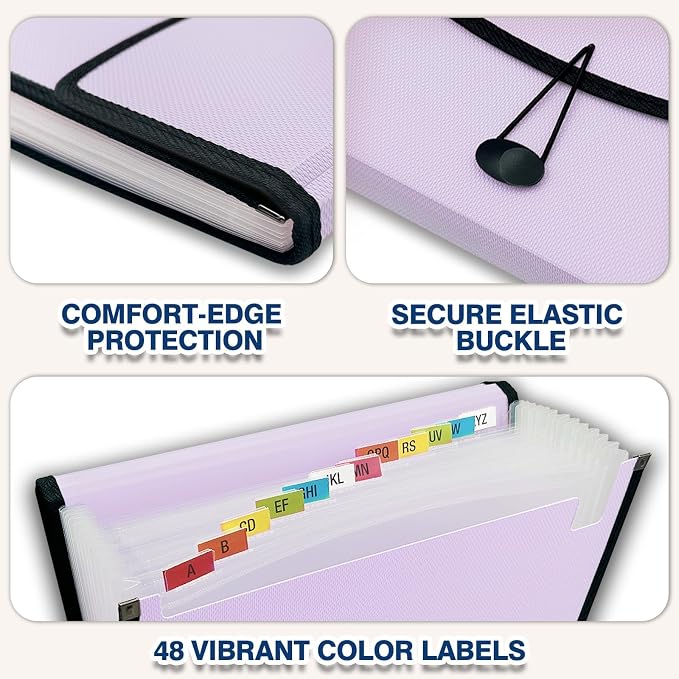 H4D 13-Pocket Accordion File Organizer, Expanding File Folder, Pale Lilac | Extra Back Mesh Pocket, Letter Size Paper, Pre-Printed and Customizable Labels, Expandable Document Organizer