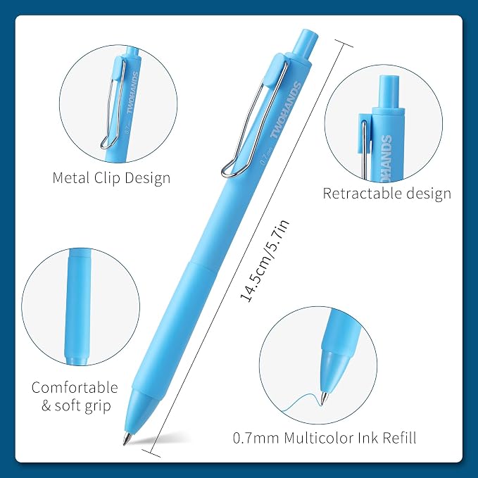 TWOHANDS Colored Gel Pens 0.7mm Fine Point 12 Pack | Quick Dry Colorful Ink Pens,No Bleed,Retractable Smooth Writing Pens for Journaling,Note Taking,With Grip,23506