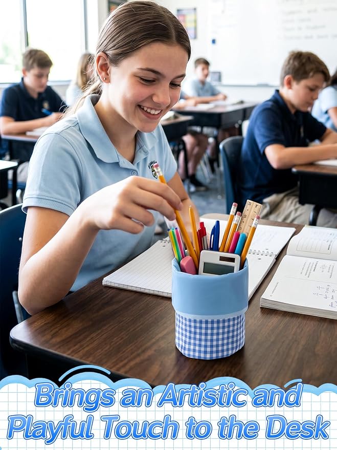 Bigmeta Gingham Standing Soft Pencil Case for Girls - 2-in-1 Cute Aesthetic Pencil Pouch with Zipper, Stationery Holder Bag for Middle & Elementary Students Back to School Supplies (Blue)