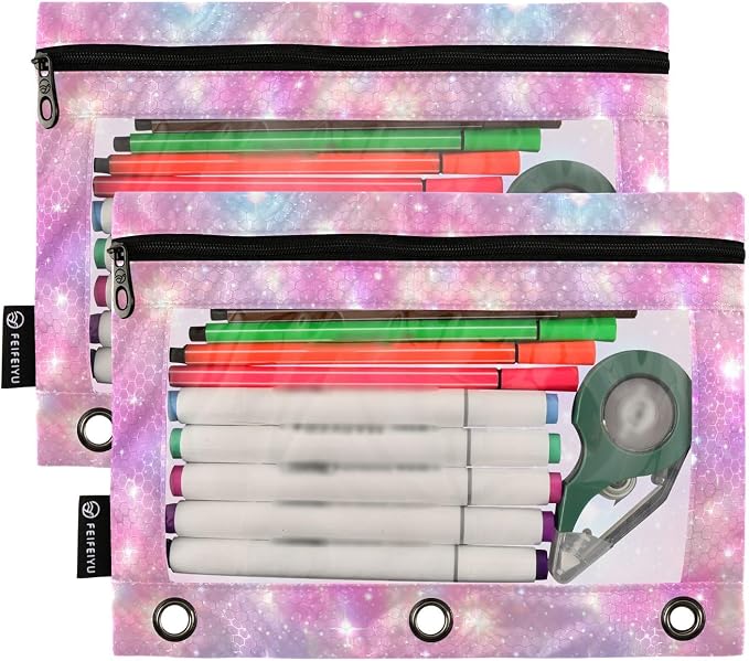 Binder Pencil Pouches, Pink Sky with Stars Pencil Case with Clear Window 3 Rings Pen Case Holder Office Supplies