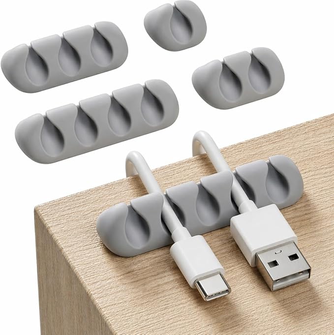 GLUIT Cord Organizer for Desk, Cable Holder for Nightstand, Charger Organizer, Adhesive Desktop Wire Clips, Multislot Cable Management, Table Organizer Accessories - 5 Pack, 15 Slots, Grey
