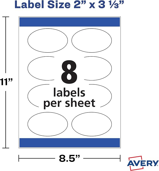 Avery Printable Blank Oval Labels, 2" x 3-1/3", Textured Matte White, 80 Customizable Labels (22829)