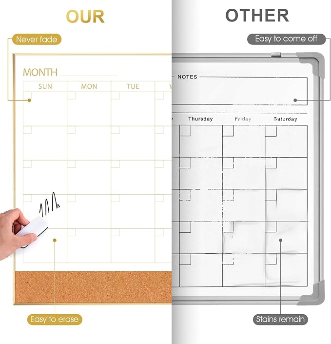 ARCOBIS Dry Erase Calendar Whiteboard Cork Board Combo, 36"x24" Magnetic White Board Calendar Dry Erase for Wall, Gold Frame Monthly Combination Board for Office, Home, School