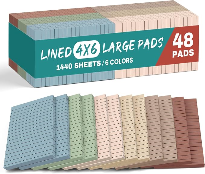 Lined Sticky Notes, 48 Pads, 4x6 Inches, Large Sticky Notes with Lines, Memo Note Pads in Multi Colors, 30 Sheets/Pad, Super Sticking Power for Office ＆ Home & Planning - Vintage