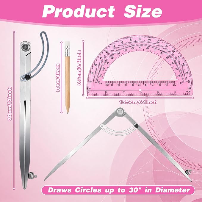 Zonon Professional 12 Inch Large Compass with Wing for Woodworking and 6 Inch Protractor Set, Pencil Compass for Geometry Math Carpenter, Drafting, Drawing Tool (Pink)