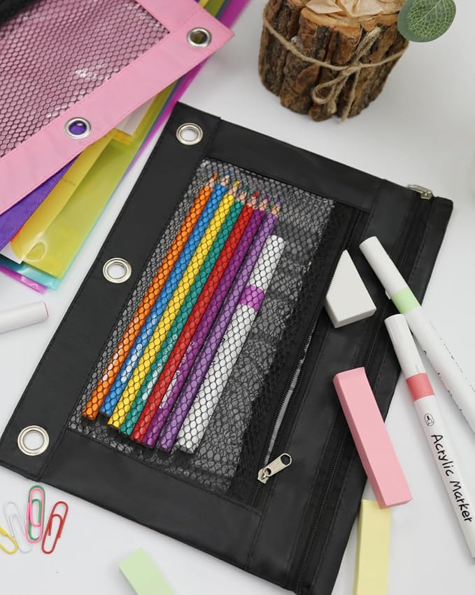 3 Ring Binder Pencil Pouch - Oxford Fabric Pencil Case with 2 Zippered Pockets, Clear Mesh Window Pencil Bag, B5 Size for Office & Travel Supplies (Black)