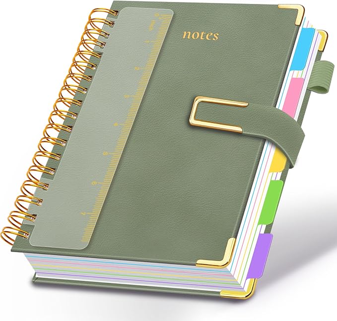 Hardcover Spiral Notebook College Ruled, 6.2"x 8.2" Leather Journal Notebook with Magnetic Closure, 300 Pages 5 Subject Notebook with Dividers Tabs Journal for Women Men, Work, School(Sage Green)