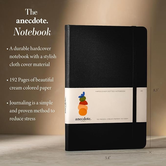 ANECDOTE. Dotted Journal Notebook, 192 Pages, A5 size: 8.3" x 5.4", Thick 100 GSM Paper, Dotted, Hardcover. Journal for Women and Men, Perfect Notebook for School, Work and Travel (Black)