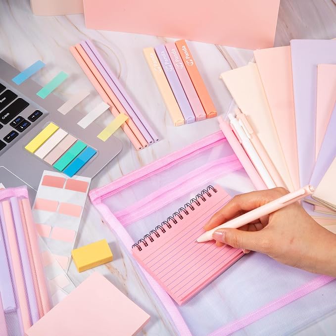 Colarr 54 Pcs Aesthetic College School Supplies Back to School Set,Pink | 3 A5 + 3 B5 Lined Notebook, 12 Gel Pen, 12 Pencil, 12 Highlighter, Sticky Tabs, Folder Storage Bag, Journal Stationery Set