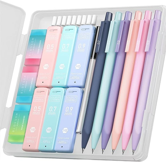 Four Candies Cute Pastel Mechanical Pencil Set, 6-Pack, 3 Sizes Included | 0.5/0.7/0.9mm, 360 HB Leads, 3 Erasers, 9 Eraser Refills, Storage Case, Aesthetic School Supplies for Girls Writing & Drawing