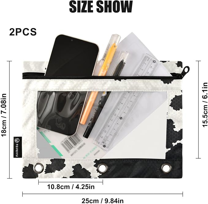 Gredecor 3 Ring Binder Pencil Pouch, Cow Skin Zippered Pen Case Pouches with Clear Window, 2 Pack Stylish Office & School Supplie