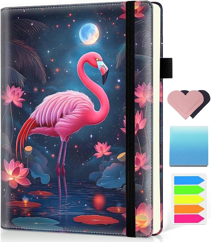 Hardcover Executive Notebooks, A5 PU Leather Lined Journal Notebook, 200 Pages Thick Paper Subject Notebooks for School,Work,Home Writing Business Notebook, Diary Book ，Red Flamingo