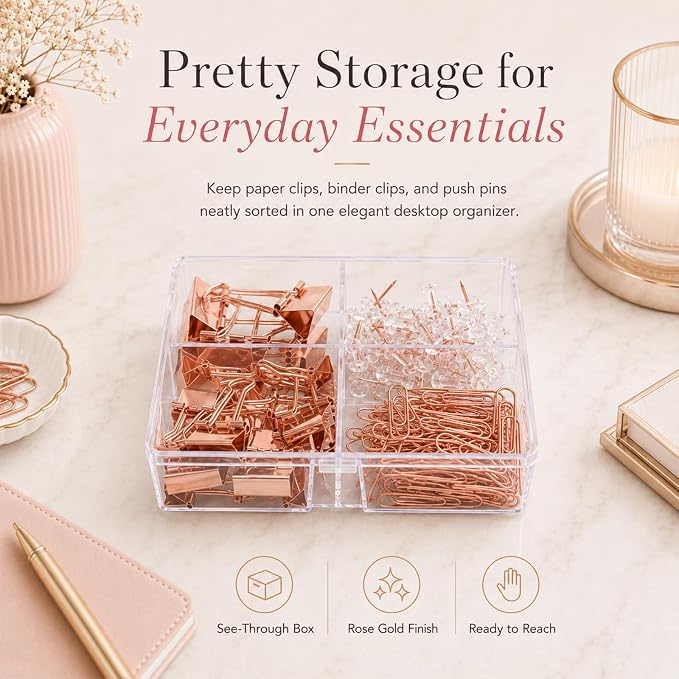 Cute Paper Clips Binder Clips Combo Set, 165 Psc, Assorted Size Paper Clips for Office, Cute Office Supplies Set, Rose-Gold