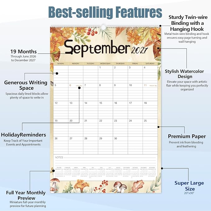Guasslee 2026 Large Wall Calendar,20"x 30" Vertical Jumbo Hanging Wall Planner,19 Monthly Calendar from Jun. 2026 to Dec. 2027 with Lines,Spiral Binding and Notes for Easy Organizing