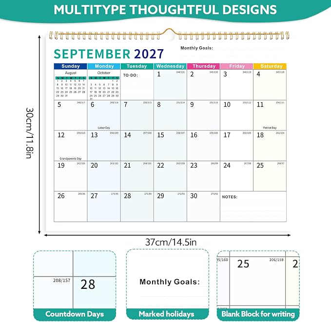 2026-2027 Wall Calendar, 14.5" x 11.8" 18 Month Colorful | July 2026-December 2027 120Gsm FSC-Certified Paper Monthly Calendar, Twin-Wire Binding, Ruled Blocks, Holiday Reference