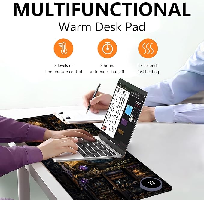 Large Heated Mouse Pad–23.6" x 14.2" Desk Mat for Office | 3 Adjustable Heat Levels,Auto Shut-Off After 3 Hours for Safety,Keeps Hands Warm While Working，Witchy Black Cat Library