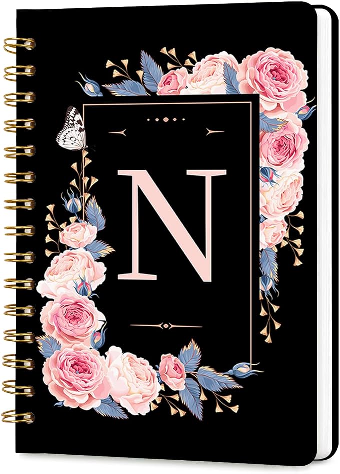 Lined Spiral Journal for Women, A5 Notebook for Work, 160 Pages, Letter N | College Ruled Spiral Notebook, Hardcover with Elegant Design for Note-Taking, 5.5 * 8.25 inch