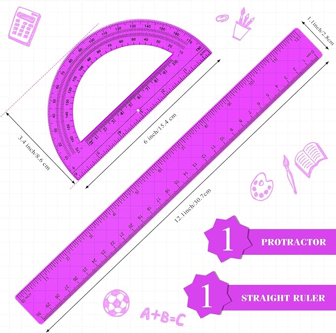 Zonon 2 Pcs 12 Inch Clear Ruler and 6 Inch Plastic Protractor Set, Dual Scale Inch/Cm Math Geometry Measuring Tools for Back to School Students Teachers Classroom Office Drafting Use(Purple)