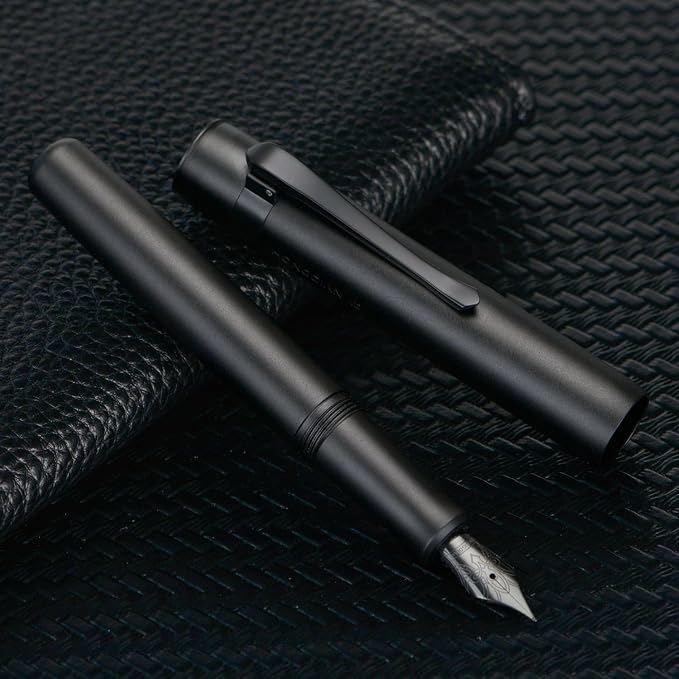 HONG DIAN M2 Black Forest Mini Fountain Pen, Long Blade Nib & Sleek Shape Aluminium Short Pocket Travel Pen (Matte Black)