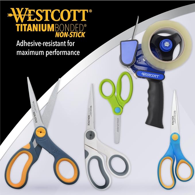 Westcott 8-Inch Non-Stick Titanium Scissors For Office and Home - Glide Adjust Technology - Grey/Yellow Craft, Fabric Scissors - 3 Pack