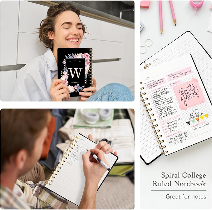 Lined Spiral Journal for Women, A5 Notebook for Work, 160 Pages, Letter W | College Ruled Spiral Notebook, Hardcover with Elegant Design for Note-Taking, 5.5 * 8.25 inch