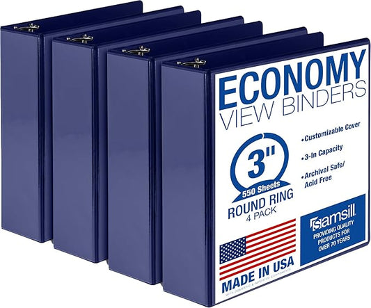 Samsill 3 Inch 3 Ring Binders, Economy Round Ring, Clear View Cover, 550 Sheet Capacity - for School, Home, Office - Blue, 4 Pack