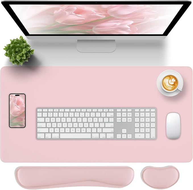 Pink Leather Desk Pad and Keyboard Wrist Rest, 3in1 Mouse pad + Keyboard Wrist Rest + Mouse Wrist Rest, Non-Slip Waterproof Desk Writing Pad for Office and Home (47.2"×23.6")