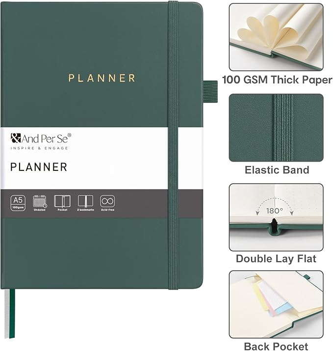 And Per Se Undated Academic Planner, Weekly & Monthly Planner with Goal & Habit Tracker, A5 Hardcover, Forest Green