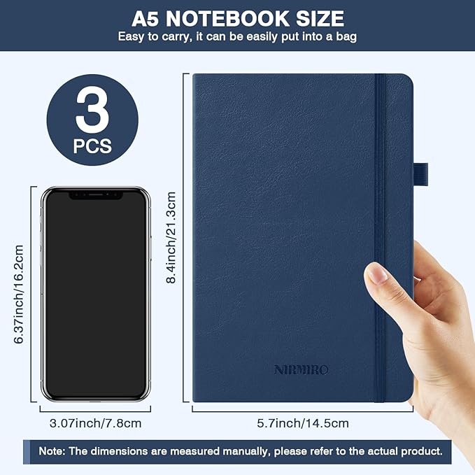 Lined Journal Notebook, with Pen, Leather Hardcover, A5 (5.7"x8.4"), 3 Pack, for Women Men, Work, Writing, Travel