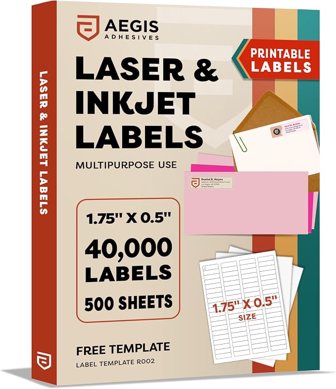 Shipping Labels, Address Labels for Laser Inkjet Printers, 1.75x0.5 Inches | Printable Custom Labels, Mailing Labels for Envelopes, File Folder-Aegis Adhesives Template R002 (500 Sheets, 40000 Stickers)