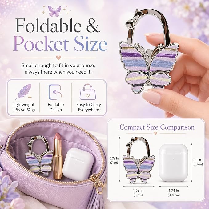 Purse Hook for Table, Foldable Handbag Hanger for Women, Portable Bag Holder with Non-Slip Base, Cute Stripes Purple Butterfly Purse Table Hook for Restaurant Office Travel Gift