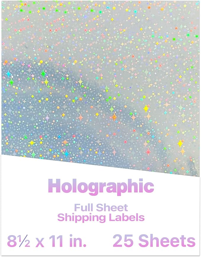STARLIBOO 25 Sheets Holographic Sticker Paper for Inkjet&Laser Printer, Printable Vinyl Sticker Paper Self-Adhesive, 8.5" x 11" (Laser Star)