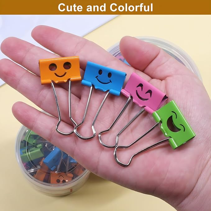 Coideal Cute Smiley Face Binder Clips, 48 Pack 1 Inch Medium Metal Paper Clamps, Assorted Colors Hollow Design for Office School Home Organization (25mm)