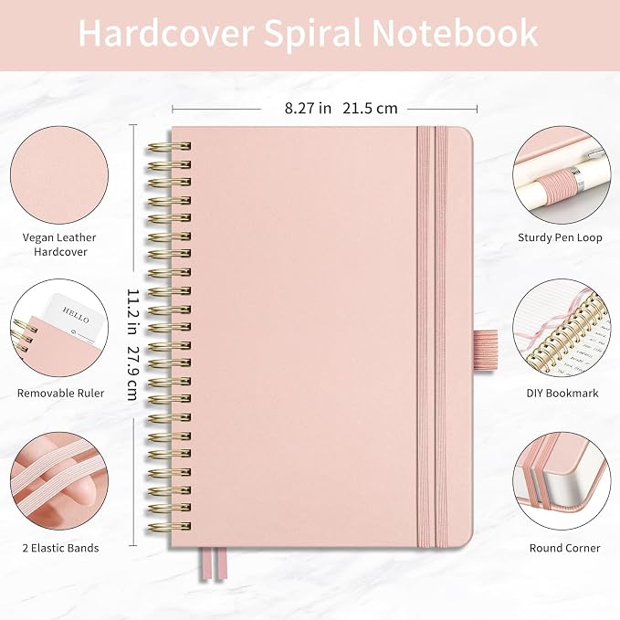 EMSHOI Lined Spiral Journal Notebook, 300 Numbered Pages, A4 (8.2"x11.2") | College Ruled, Leather Hardcover, 100 GSM Thick Paper, for School, Writing, Work, Office & Journaling (Rose gold)