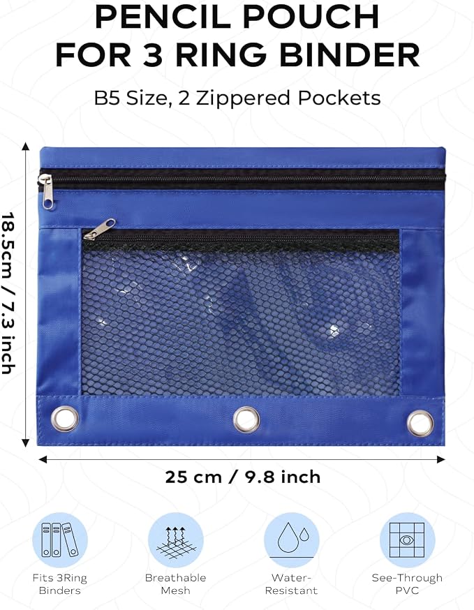 3 Ring Binder Pencil Pouch - Oxford Fabric Pencil Case with 2 Zippered Pockets, Clear Mesh Window Pencil Bag, B5 Size for Office & Travel Supplies (Blue)
