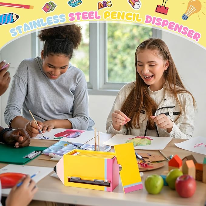 Yalikop 1 Pc Wooden Pencil Dispenser for Classroom Pastel Wood Pencils Holder for up to 200 Pencils Reusable Straw Dispenser for Home Office Teachers Supplies Storage (Irregular Pencil,Pink,Yellow)
