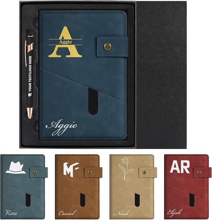 ENOMY Personalized Notebook & Pen Set A5 Notebook with Lock Closure, 200 Lined Pages PU Leather Custom Notebook Cover Premium Gift Box for College Birthday Business Gift, Dark Blue